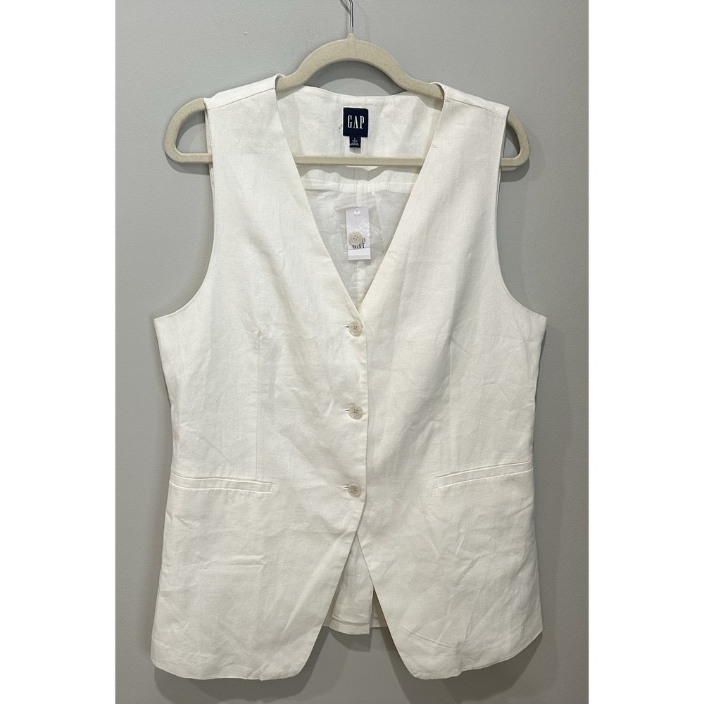 GAP Linen-Blend White  Vest Sleeveless V Neck Blazer Women's Large Tall NWT